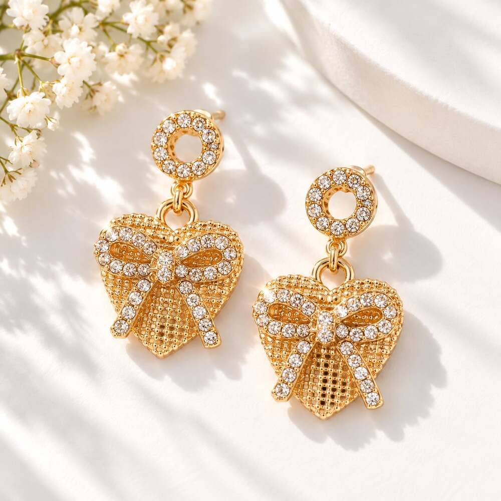 Gold Rhinestone Bow Heart Drop Earrings Coquette Statement Jewelry